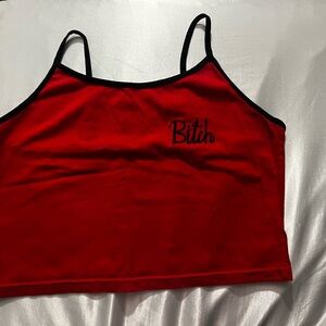 Red Crop Tank Top with Black Trim and Script Detail